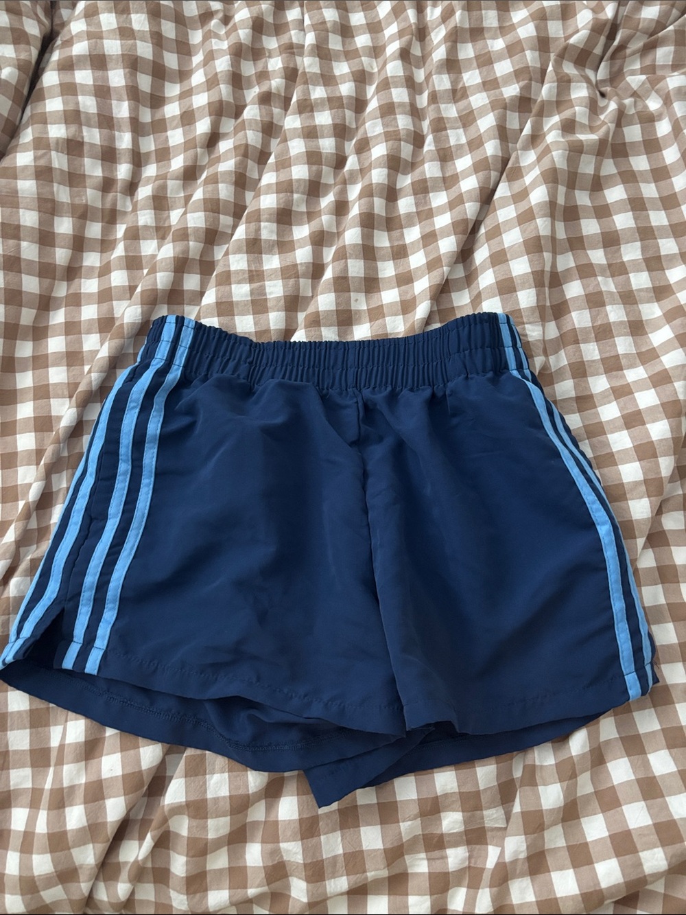 Navy Blue Women's Athletic Shorts with Light Blue Stripes